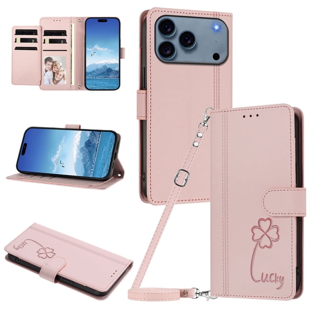 Funda Cartera Trébol para iPhone 17 Pro con Ranuras Tarjetas y Carga Inalámbrica Rosa