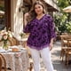 thumbnail image 3 of GRACE & GRANDEUR Blusa de Malla con Cuello en V para Mujer de Talla Grande, Capa Doble Fluyente, Manga 3/4, Talla 1X, Púrpura, 3 of 8