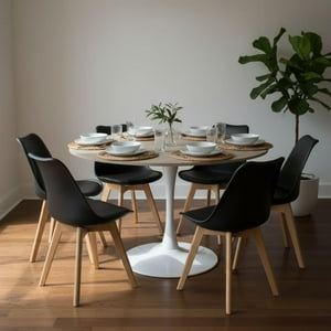 Pandalino - Comedor Mesa Tulip 120 Cm (Cubierta Efecto Madera) + 6 Sillas Tulip Negro