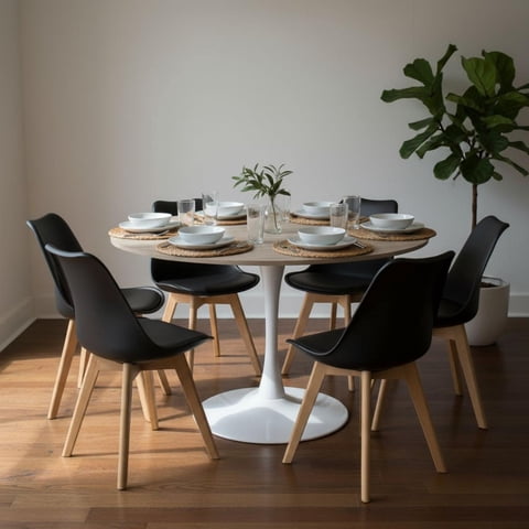 Pandalino - Comedor Mesa Tulip 120 Cm (Cubierta Efecto Madera) + 6 Sillas Tulip Negro