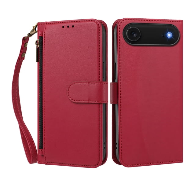 Funda Tipo Billetera para iphone17 Air con Soporte y Bolsillo con Cierre Rojo