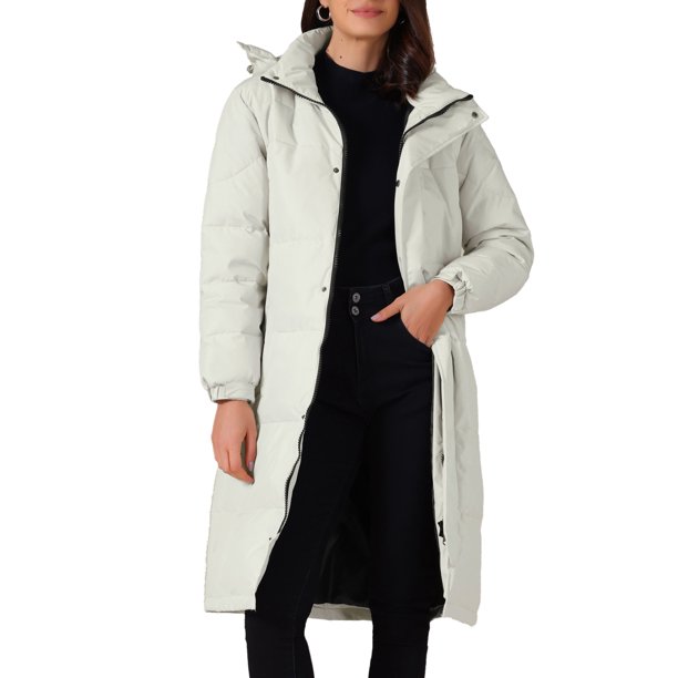 Abrigo Acolchado Grueso de Invierno para Mujer INSPIRE CHIC, Chaqueta de Plumas Cálida con Capucha, Prenda Exterior Acolchada Larga XL Blanca