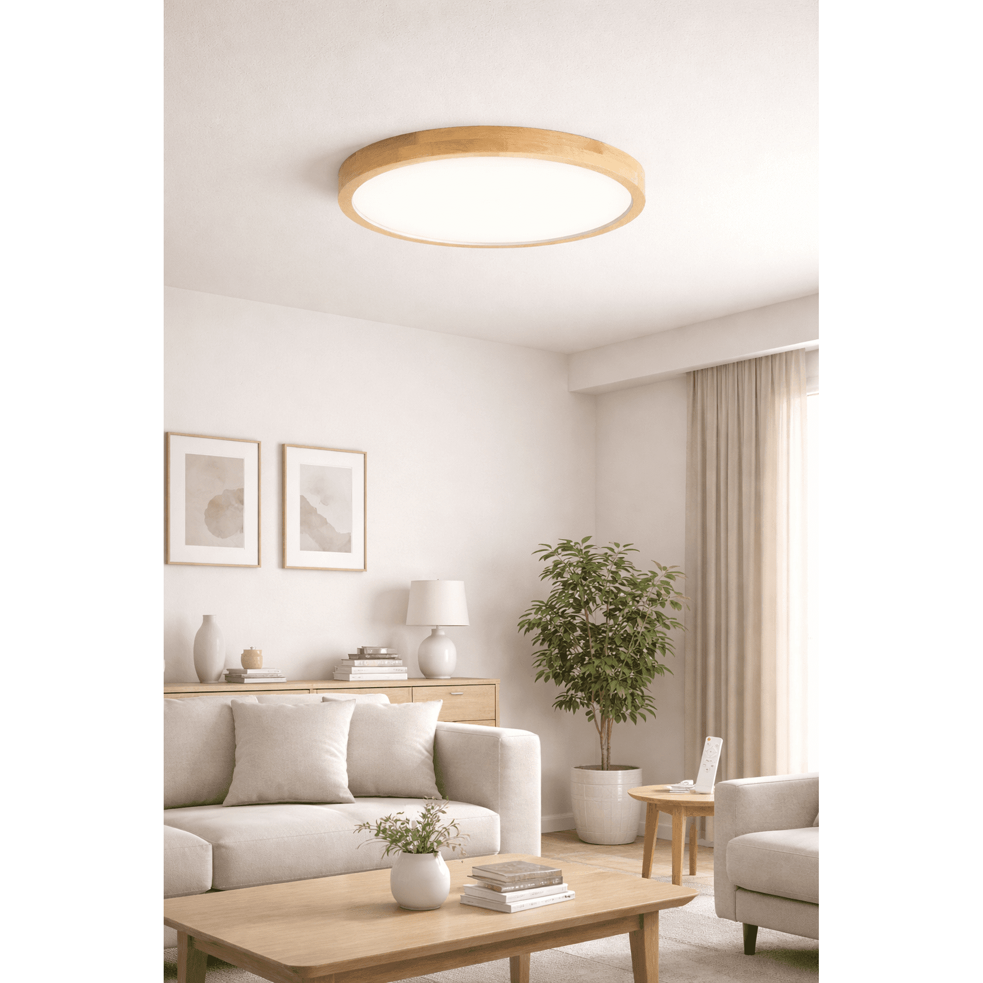 Space Home - Plafón Led Redondo Konnergie 72w Madera Clara 40cm 3 Tonos Con Control