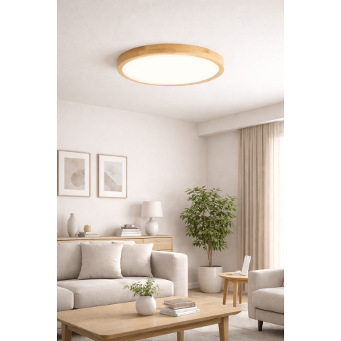 Space Home - Plafón Led Redondo Konnergie 72W Madera Clara 40Cm 3 Tonos Con Control