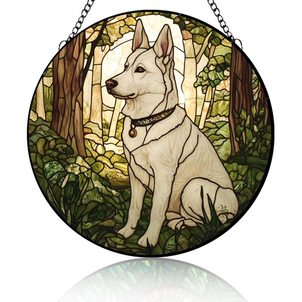 Atrapasol vitral perro pastor alemán blanco hecho mano vidrio colgantes interior jardín regalo amante mascotas 16cm