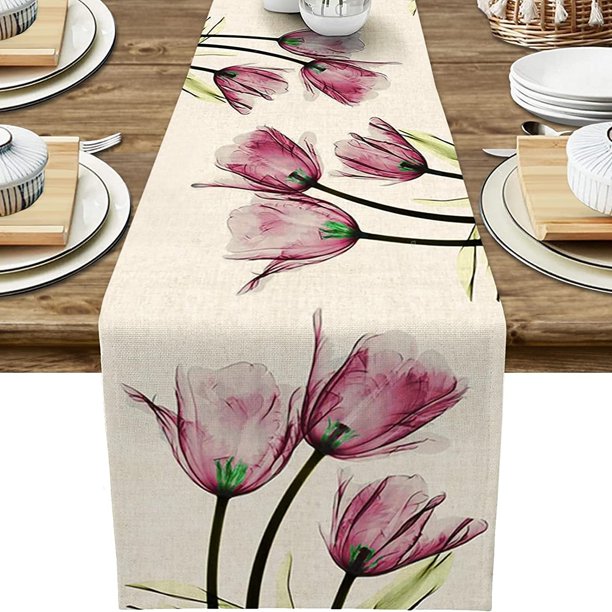 1pc Blue Floral Long Table Runner 13x72 Inches, Kitchen Dinner Retro Tulip Flower Dining Table Runners, Long Dresser Scarf, Farmhouse Burlap Holiday Table Runner For Coffee/Dining/Party/Wedding