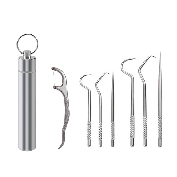 Juego de palillos de dientes portátiles, reutilizables, de acero inoxidable, con soporte para picnics y acampadas al aire libre.