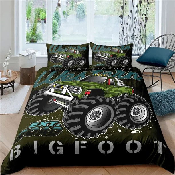 x1077 Bed SheetsMonster Car Duvet Cover Cartoon Bedding Set for Kids Lovely Toy Truck Comforter Cover /Polyester Quilt Cover 3-Piece Bedding Set (1 Duvet Cover + 2 Pillow Shams) nj1077