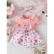 thumbnail image 2 of Baby Girls Cute Casual Ruffled Stitching Flower Ribbed Dress & Bow Headband Set For Summer Holiday, 2 of 5
