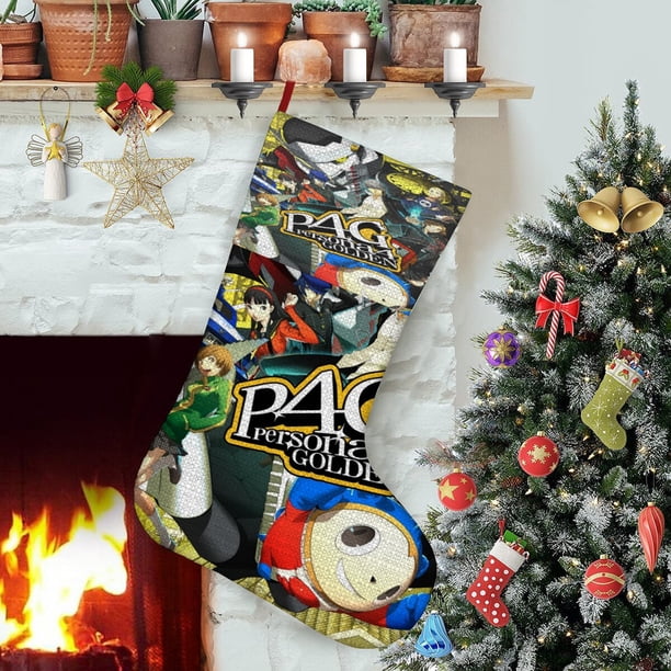 Persona 4 Golden Tema: Calcetines de Navidad, fino lino blanco para colgar en escaleras y chimenea, decoración navideña para el hogar, regalo de Navidad.54cm×38cm