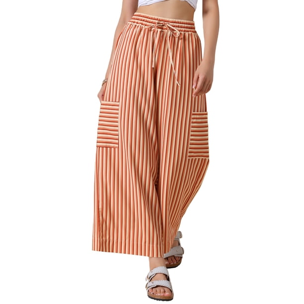 INSPIRE CHIC Pantalones Casuales a Rayas para Mujeres de Regreso a Clases Piernas Anchas Cintura Elástica con Cordón Palazzo Pantalones de Salón M Naranja