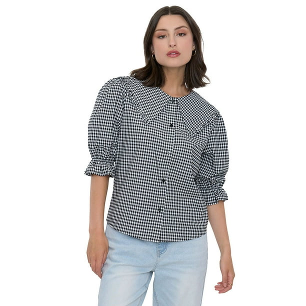 Blusa Mujer Cuello Boho Vichy Negro Corona