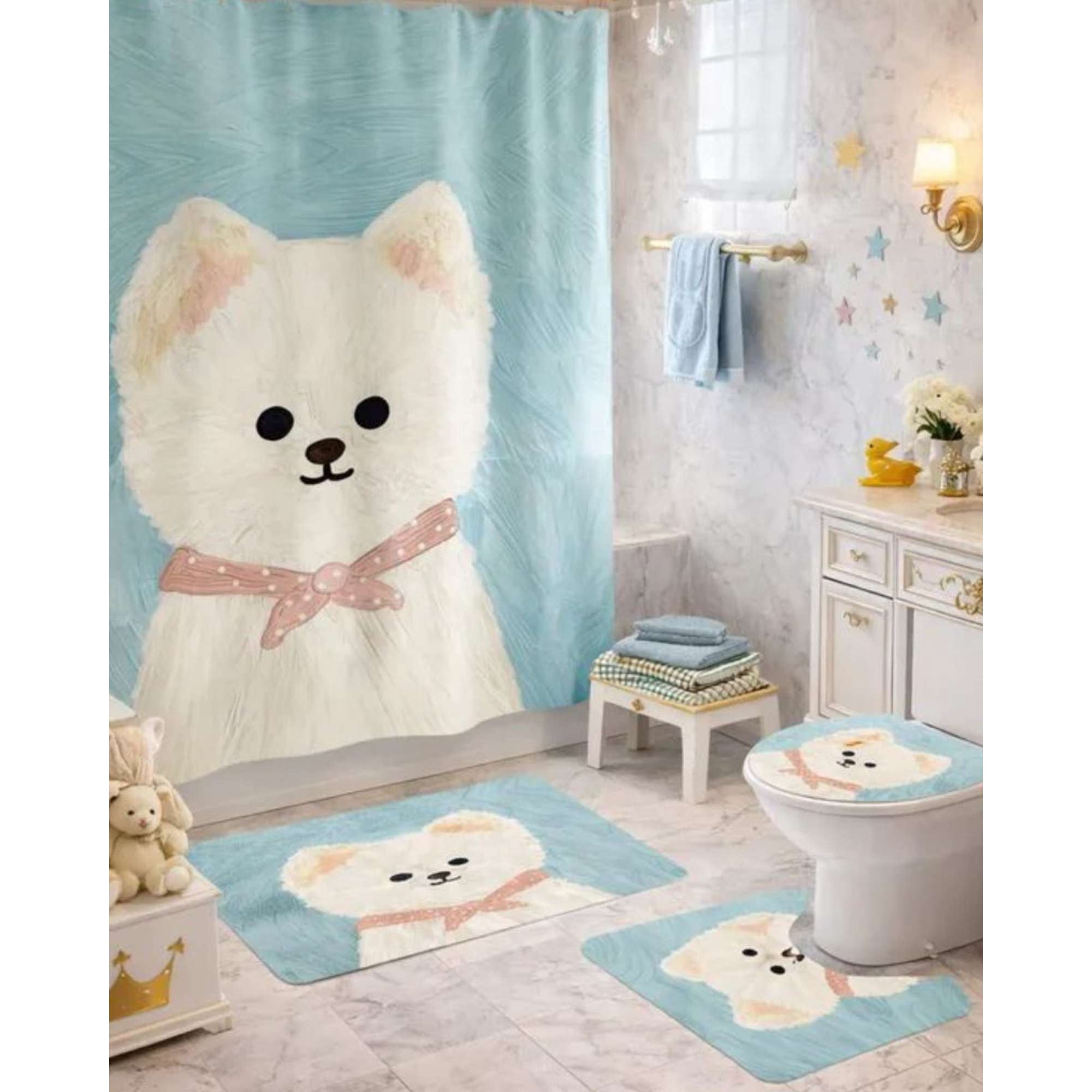 Mylhogar - Juego 5 Piezas Con Cortina De Baño De Tela Poliéster Y Forro De Ducha De Plástico