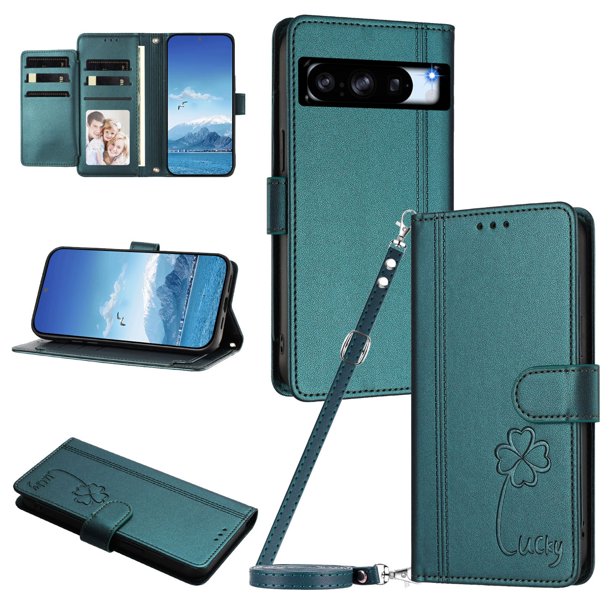 Funda Cartera Trébol para Google Pixel 8 Pro con Ranuras Tarjetas y Carga Inalámbrica Verde oscuro