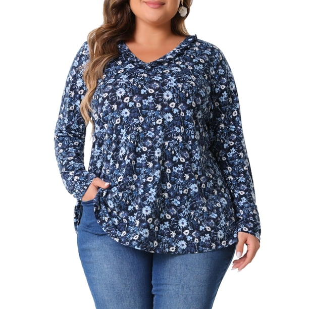 Agnes Orinda Ropa de Halloween para Mujeres de Talla Grande Tops Florales para Escuela y Universidad Blusa Túnica con Volantes de Cuello en V y Manga Larga 2X Azul Marino