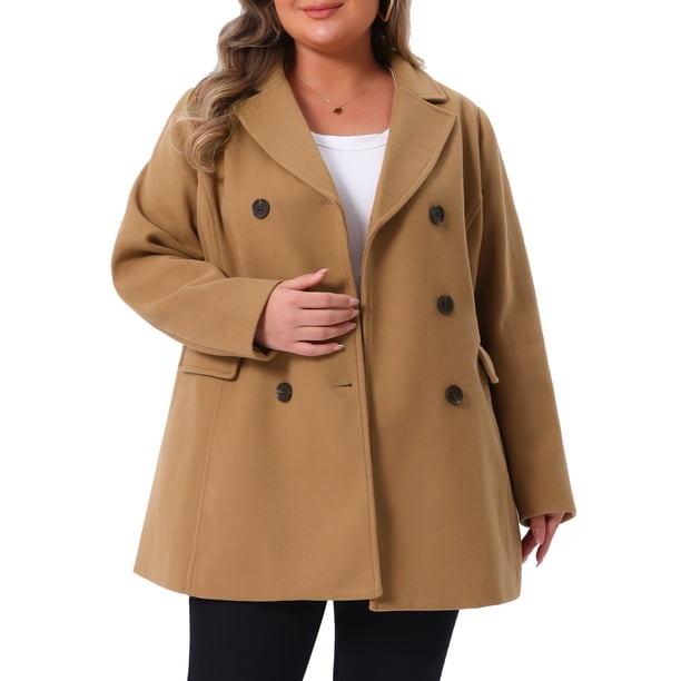 Abrigo largo de doble botonadura con solapa entallada para mujer de talla grande Agnes Orinda para un invierno elegante 3X Camel