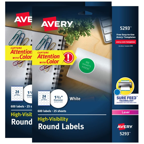 Round Labels Avery White de alta visibilidad, 1200 etiquetas, paquete de 2