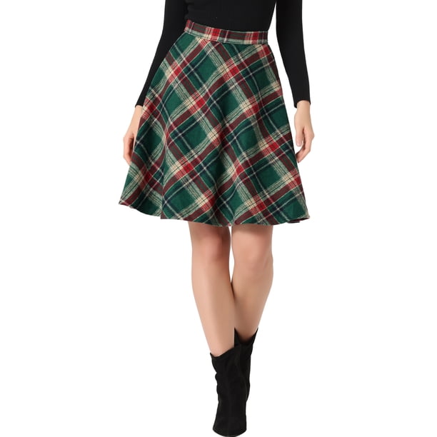 Falda corta de línea A con cintura elástica de cuadros vintage para mujer con diseño clásico para otoño e invierno Verde Rojo S