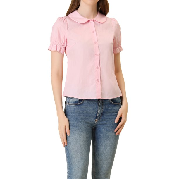 INSPIRE CHIC Blusa de Mujer Vintage con Cuello Peter Pan, Lazo en el Cuello, Casual, Linda, de Algodón, con Botones, Talla M, Rosa
