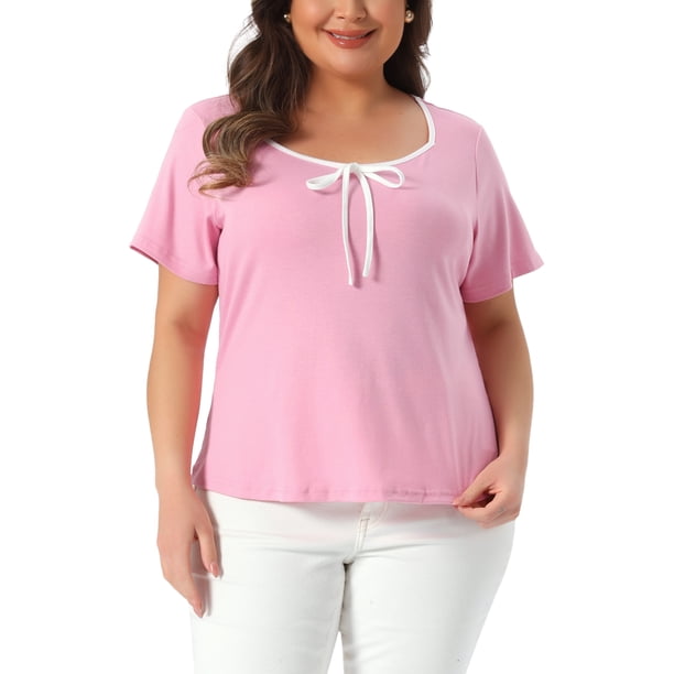 Agnes Orinda Camisetas de Mujer Tallas Grandes para Escuela o Universidad con Ribete en Contraste, Nudo en el Cuello Cuadrado, Manga Corta, Blusas Casuales 4X Rosa