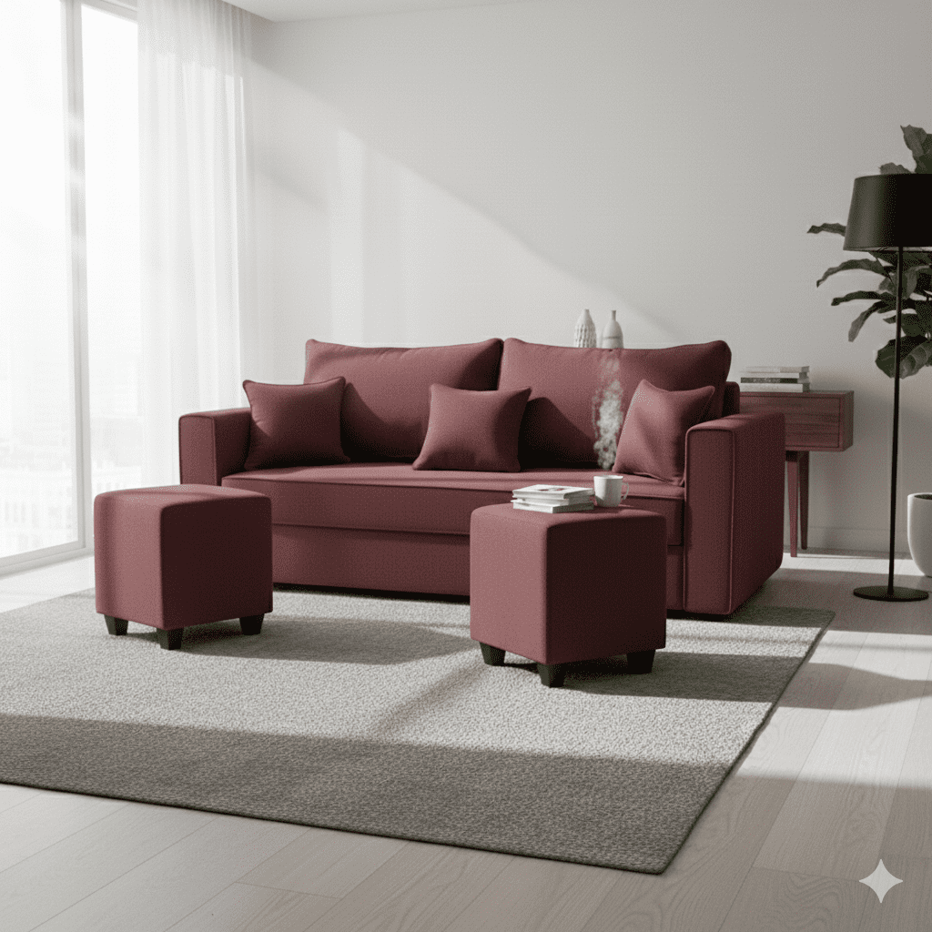 Construmuebles - Living Aurelia 3 Cuerpos + 2 Pouf Tela Burdeo