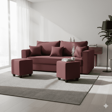 Construcsofá - Living Aurelia 3 Cuerpos + 2 Pouf Tela Burdeo