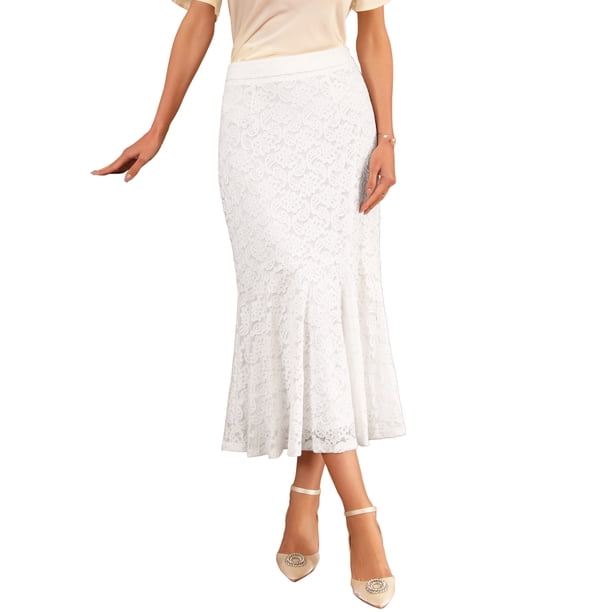 INSPIRE CHIC Falda Floral de Encaje para Mujer con Volantes en el Dobladillo, Cintura Alta, Falda Midi de Cóctel XL Blanca