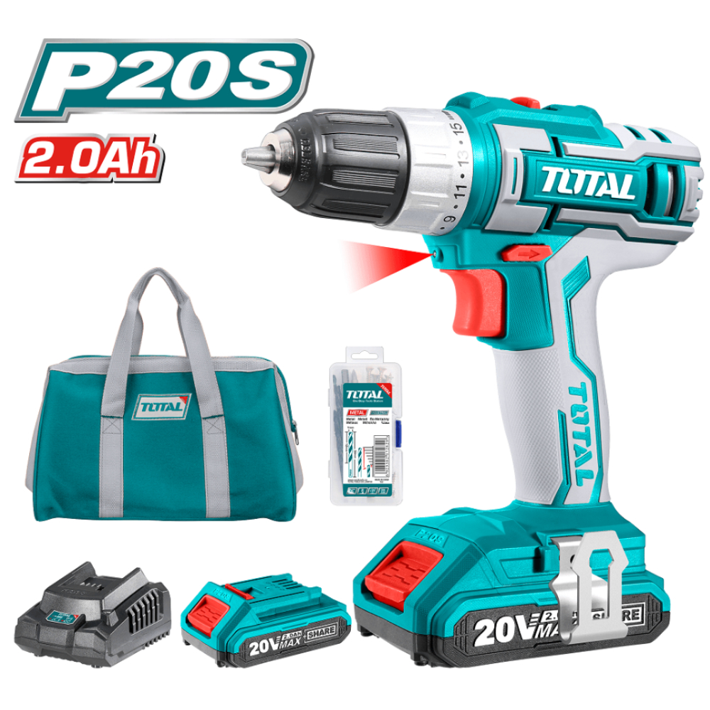 Total - Taladro Atornillador Inalambrico 20V C/Led + 2 Baterias + 1 Cargador