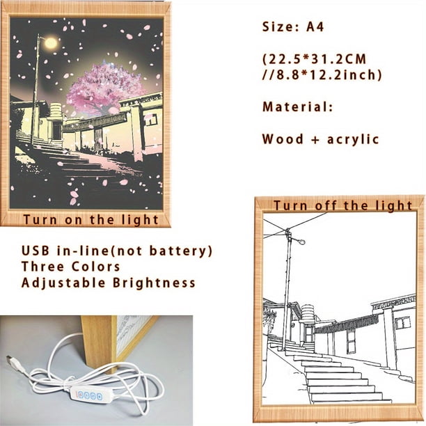 1pc 3D Cherry Blossom And Street Night Light, Romantic Healing Line Picture Light, Girlfriend Festival Gift, Picture Frame Light Painting, LED Bedside Lamp Frame Gift Decorative Desktop Night Lamp,