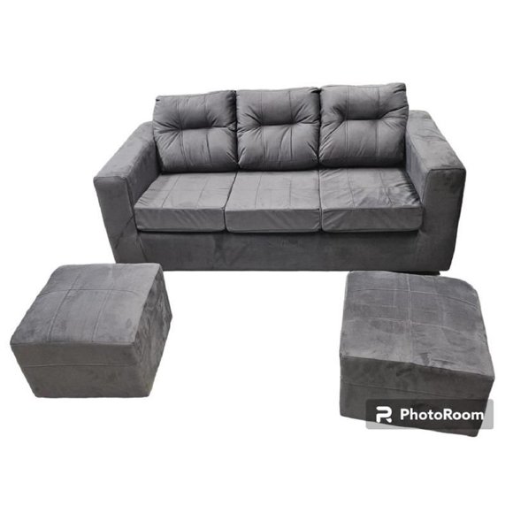 Sofá 3 Cuerpos Nize + 2 Pouf Felpa Gris