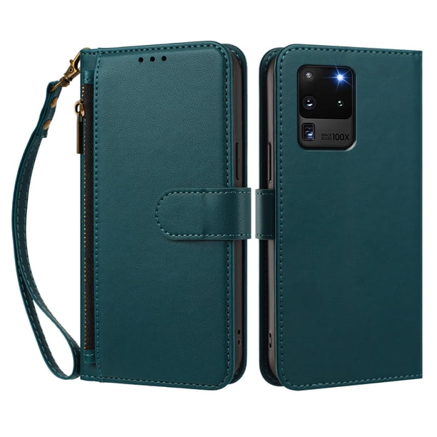 Funda Tipo Billetera para samsung galaxy S20 Ultra con Soporte y Bolsillo con Cierre Verde