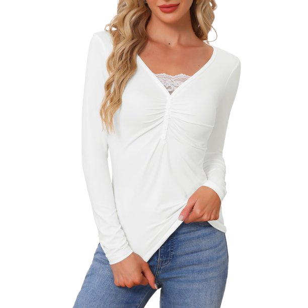 INSPIRE CHIC Top de Manga Larga con Cuello en V y Encaje Plisado para Mujer Camiseta Básica Térmica Ligera Capa Suave Elástica para Dormir M Blanco