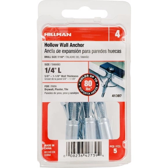 Anclajes de pared huecos Hillman, 0,64 cm x 3,2 cm, metal, paquete de 5
