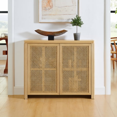 M&Ms - 39.4"" Mid Century Modern Rattan Sideboard Buffet Cabinet With 2 Outlet Holes, Coffee Bar Wine Bar Credenza, Retro Storage Cabinet For Entryway, Hallway, Living Room, Kitchen, Dining Room, Natural