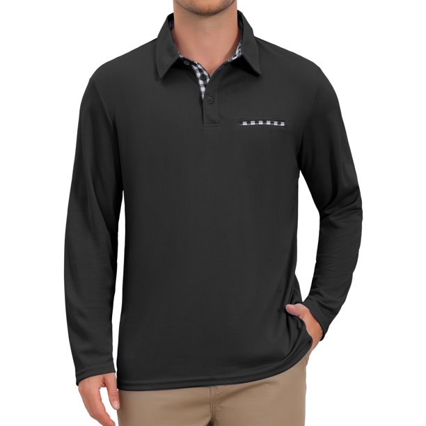 INSPIRE CHIC Camisas Polo de Manga Larga con Bolsillo y Cuello en Contraste para Hombre, Talla 2XL, Negro