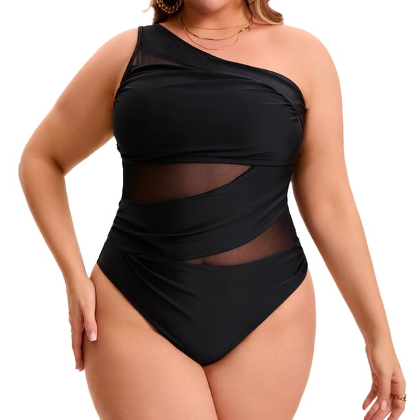 Agnes Orinda Traje de Baño de Una Pieza para Mujer de Talla Grande para la Escuela y la Universidad con Malla Transparente de Un Hombro Control de Abdomen Corte de Traje de Baño de Playa Set 2X Negro