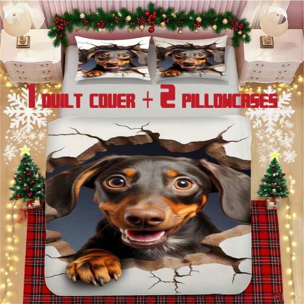 Dachshund Peeking Through Hole Soft Printed Bedding Set Polyester Fabric Decorative & Warm
