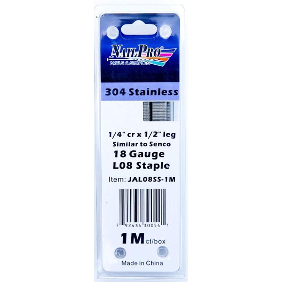 Grapas de acero inoxidable con corona estrecha NailPro L08SS, 1/2 pata x 1/4, 1000 unidades