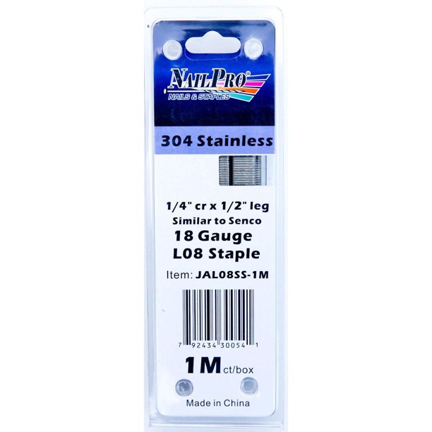 Grapas de acero inoxidable con corona estrecha NailPro L08SS, 1/2 pata x 1/4, 1000 unidades
