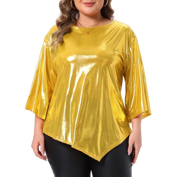 Agnes Orinda Trajes de Halloween para Mujeres Tallas Grandes Escuela Colegio Top Metálico Brillante Cuello Redondo 3/4 Manga Acampanada Dobladillo Asimétrico Blusa Brillante para Fiesta en Club 4X Oro