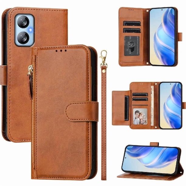 Funda tipo cartera para Negroview A52/A52 Pro con bolsillo con cremallera, tarjetero, soporte, correa para la muñeca y tapa de cuero marrón