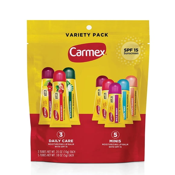 Bálsamo labial Carmex Daily Care con SPF 15, paquete de 8 (3 tubos, 5 minutos)