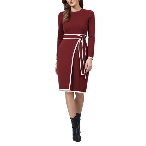 Vestido de Punto con Falso Envoltorio de Manga Larga para Mujer INSPIRE CHIC, Color Contrastante, Casual para Trabajo, Vestidos Acanalados L Rojo Oscuro