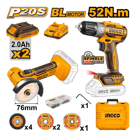 Kit Taladro Inalámbrico Brushless + Mini Esmeril 20v Con Accesorios Y 2 Baterías