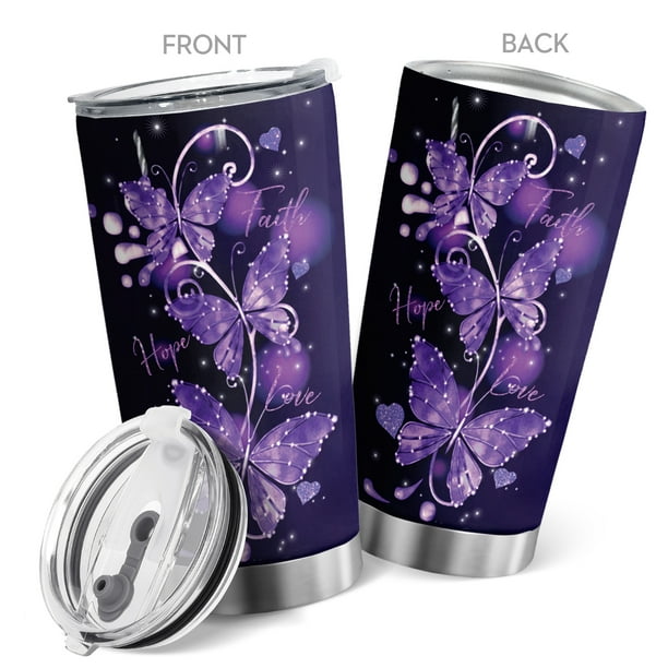 1pc 20oz Purple Butterfly Tumbler Cup With Lid, Stainless Steel Double Wall Vacuum Thermos Insulated Travel Coffee Mug