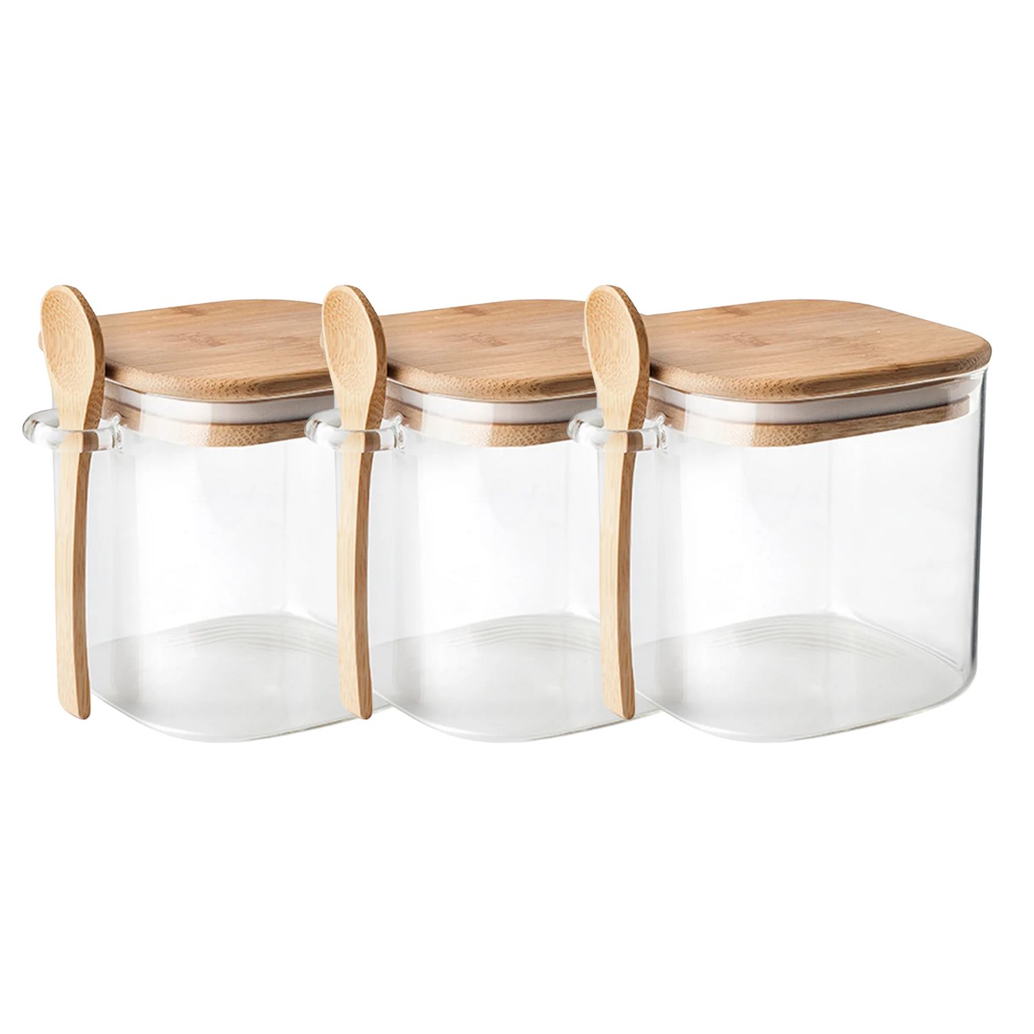 Disparo - Set 3 Frasco Contenedor 1100Ml 12Cm Cuadrado Cuchara Bambú