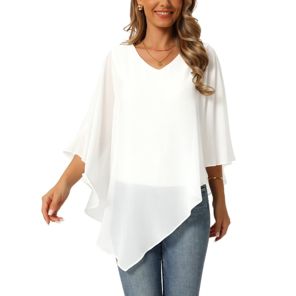 INSPIRE CHIC Blusa fluida de mujer con cuello en V, ligera, de gasa, elegante, camisa asimétrica, de doble capa, para verano, talla S, blanca