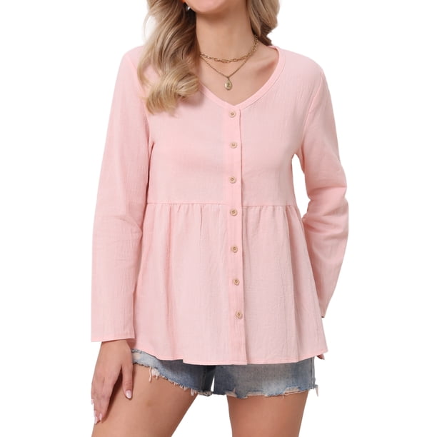 INSPIRE CHIC Blusa Boho con Botones para Mujer de Manga Larga, Cuello en V, Ligera, Elegante y Casual, Talla L, Rosa