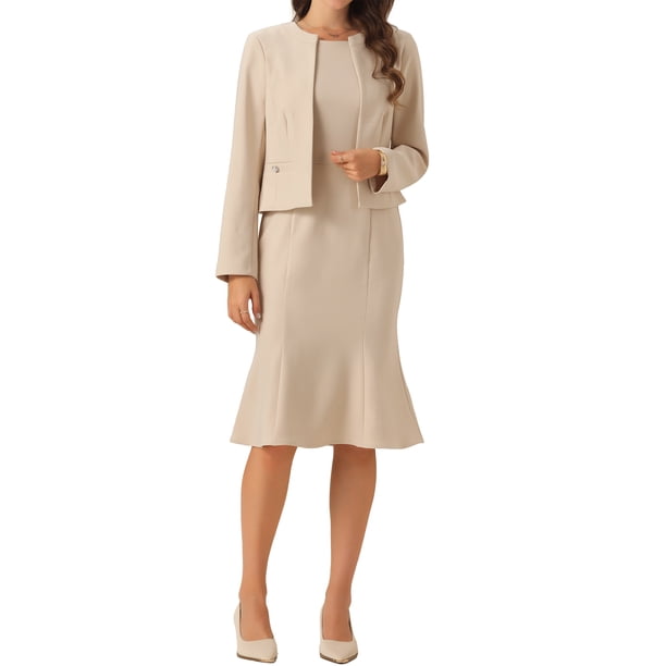 INSPIRE CHIC Conjuntos de Negocios para Mujeres Vestido Midi Sin Mangas con Cola de Sirena Traje de Maestra para Regreso a Clases Blazer Sin Cuello Conjunto de Vestido de 2 Piezas Beige XS
