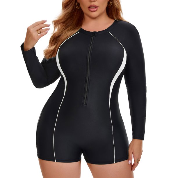 Agnes Orinda Traje de Baño de Manga Larga para Mujer de Talla Grande para Escuela y Universidad con Cremallera Frontal para Surf Playa Vacaciones Cobertura Completa 1 Pieza L Negro Blanco